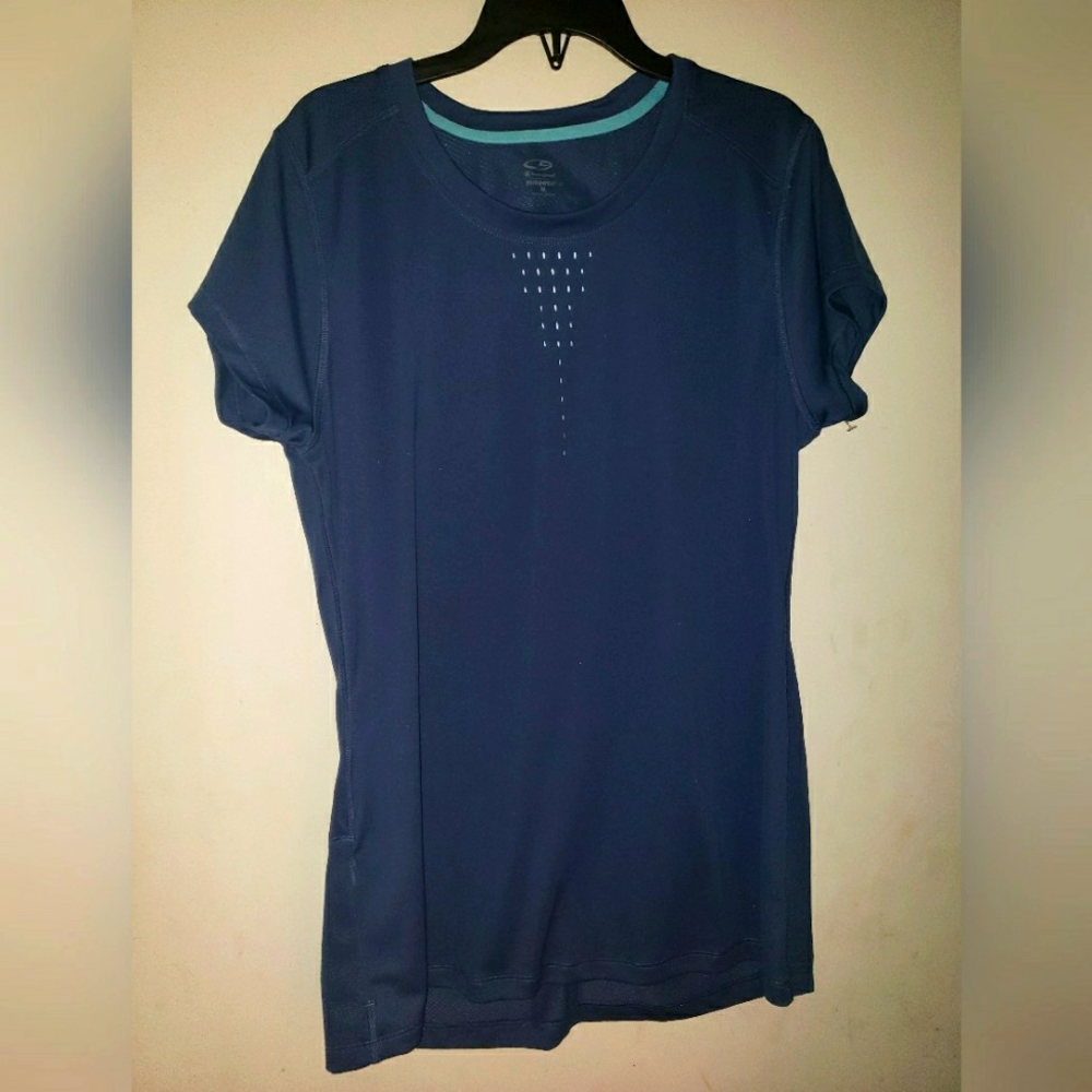 C9 Champion DuoDry Top Shirt Athletic Short Sleeve Cutout Back L Women Blue